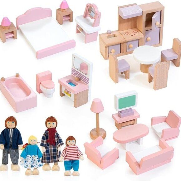 Other - New Wooden Dollhouse Furniture Set with 4 Family Dolls, 26 Pcs Pretend Dollhouse